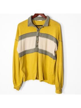 Anthropologie Polo Top Size Large Mustard Olive Cream Preppy Knit Collared